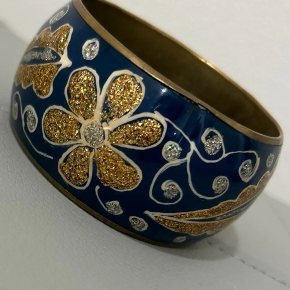 Vintage Wide Blue Enamel Silver & Gold Sparkle Brass Bangle Bracelet